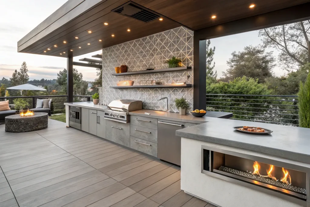 Outdoor deck kitchen with polished concrete counters and modern industrial style.