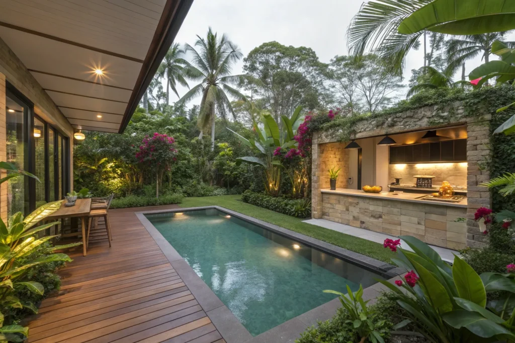Tropical oasis backyard with sleek pool, wooden deck, vibrant greenery, and a modern outdoor kitchen.