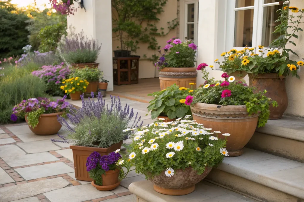 Cottage-style patio planters with daisies, lavender, and greenery.