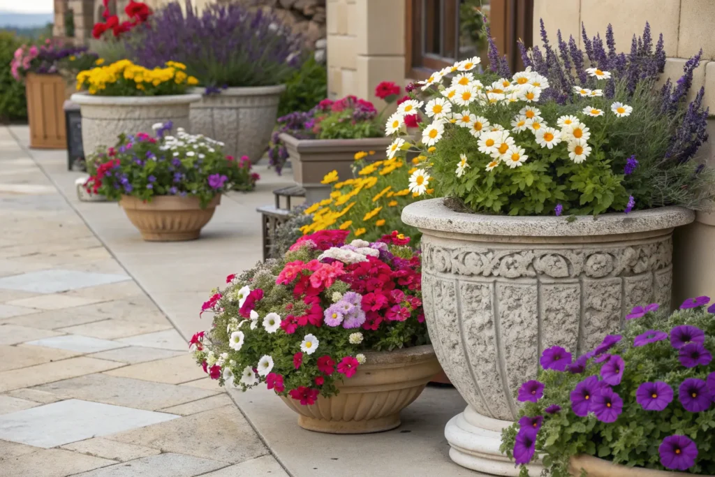 Patio planters with colorful petunias, daisies, and lavender.