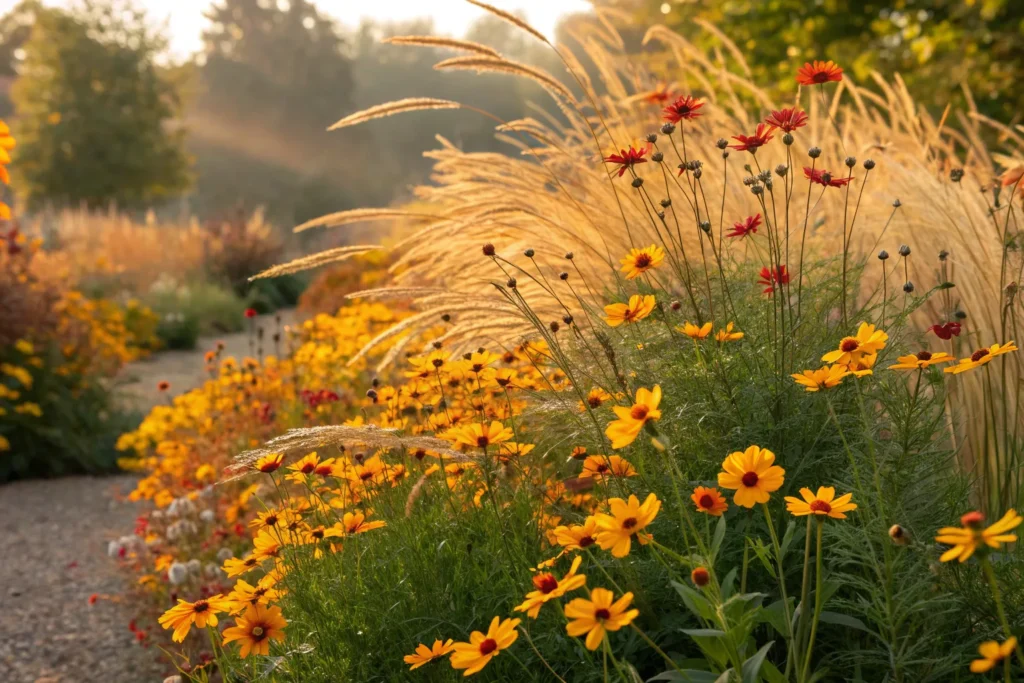 Yellow and orange coreopsis flowers blooming in September.