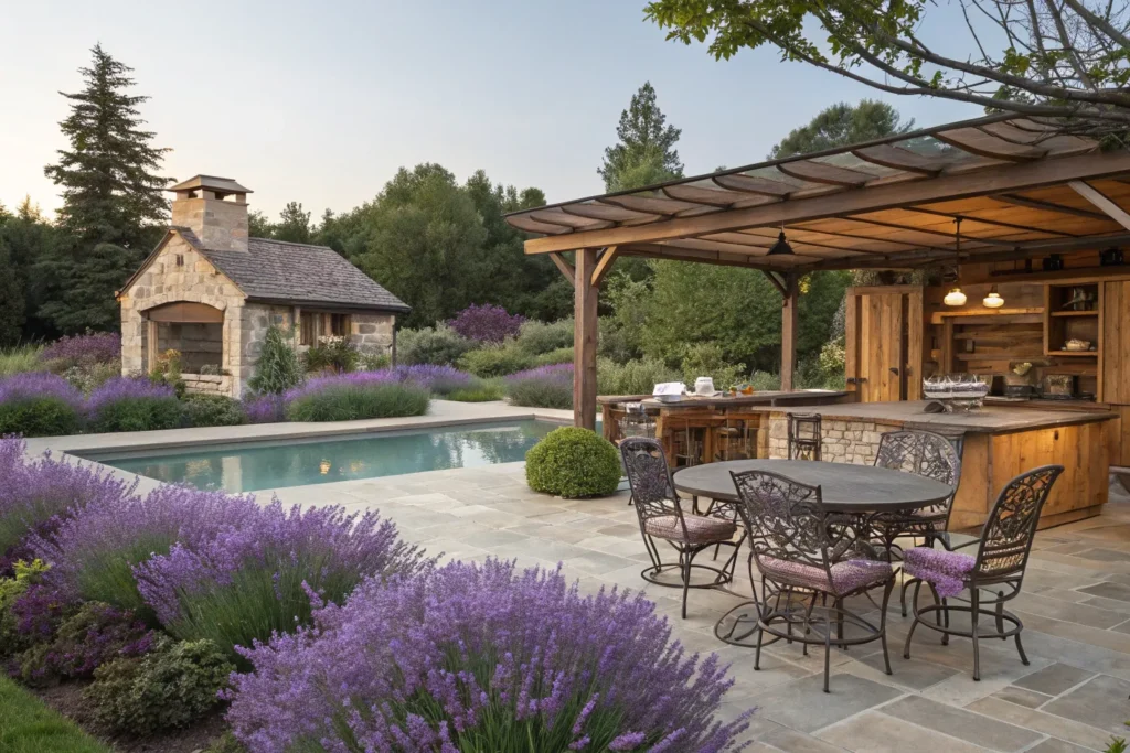 Elegant lavender-themed backyard with rustic wooden kitchen, wrought-iron furniture, and serene pool.