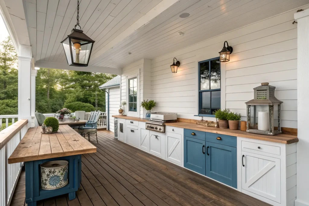 Farmhouse deck kitchen with shiplap paneling, butcher block counters, and rustic charm.