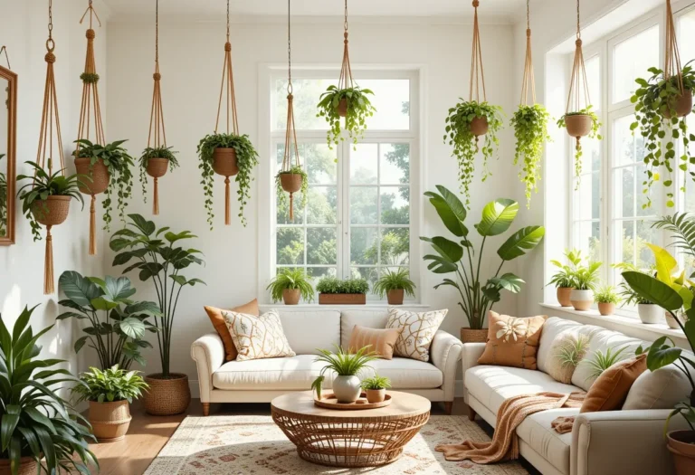 Bright bohemian living room with hanging indoor plants in macrame and woven planters, filled with lush trailing greenery.
