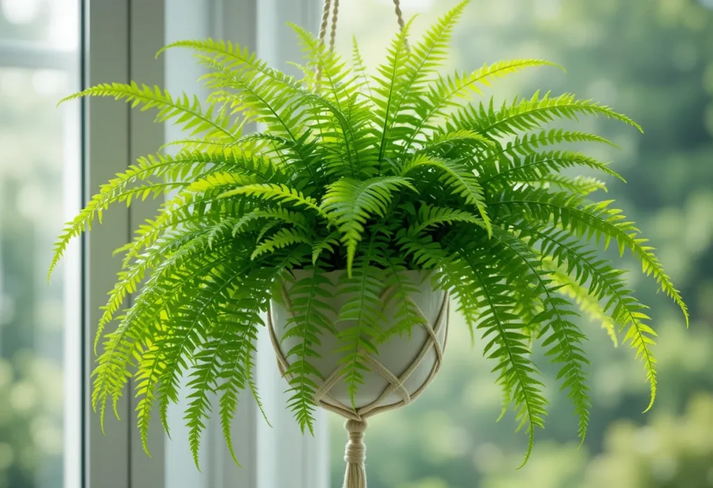 Lush Boston fern with feathery fronds in a white macrame planter hanging by a sunny window.