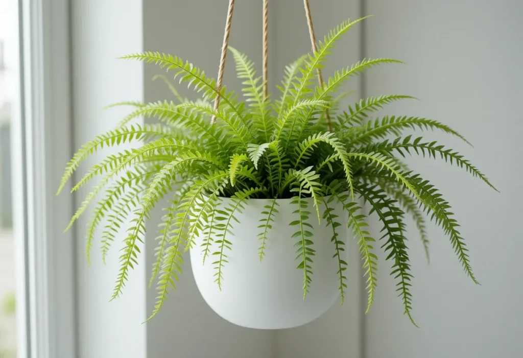 Asparagus fern with airy green foliage in a white hanging planter.