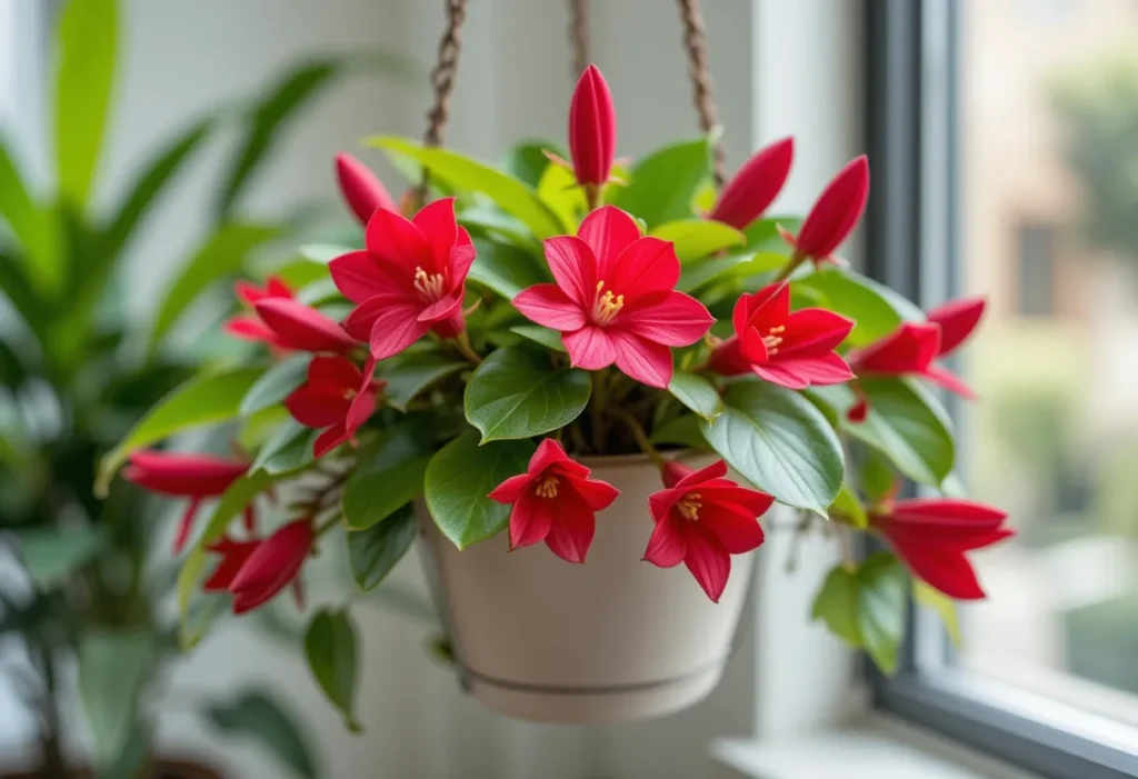 Lipstick plant with red flowers and glossy green leaves in a hanging pot.