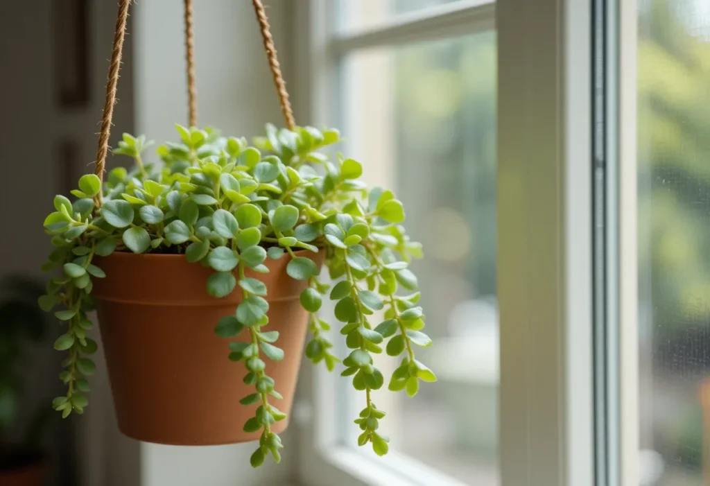 Burro’s tail succulent with trailing stems in a terracotta hanging pot.