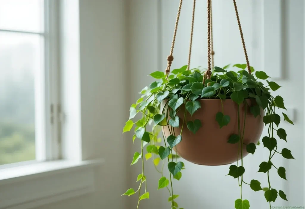 String of dolphins plant with unique dolphin-shaped leaves in a hanging planter.