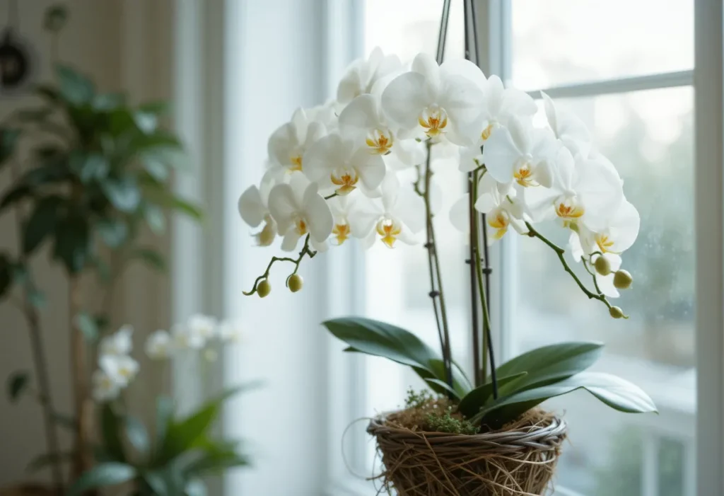 White orchid in a hanging basket with delicate blooms in a bright room.