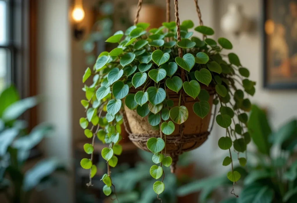 Dischidia plant with trailing round leaves in a rustic hanging planter.