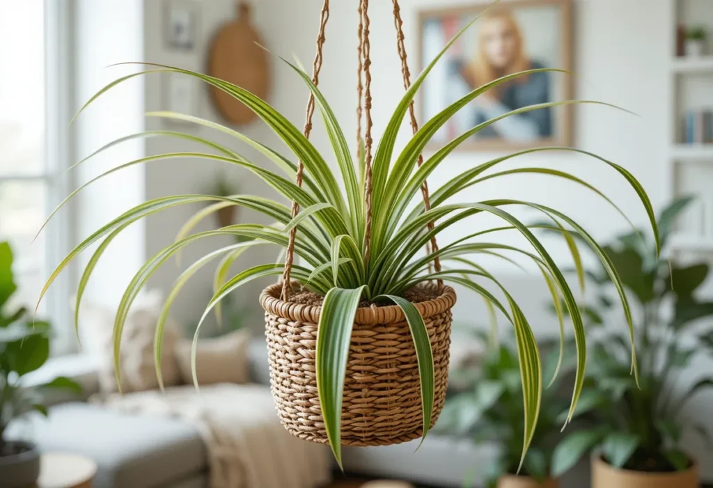 : Spider plant with striped leaves in a woven basket hanging in a bright modern living room.