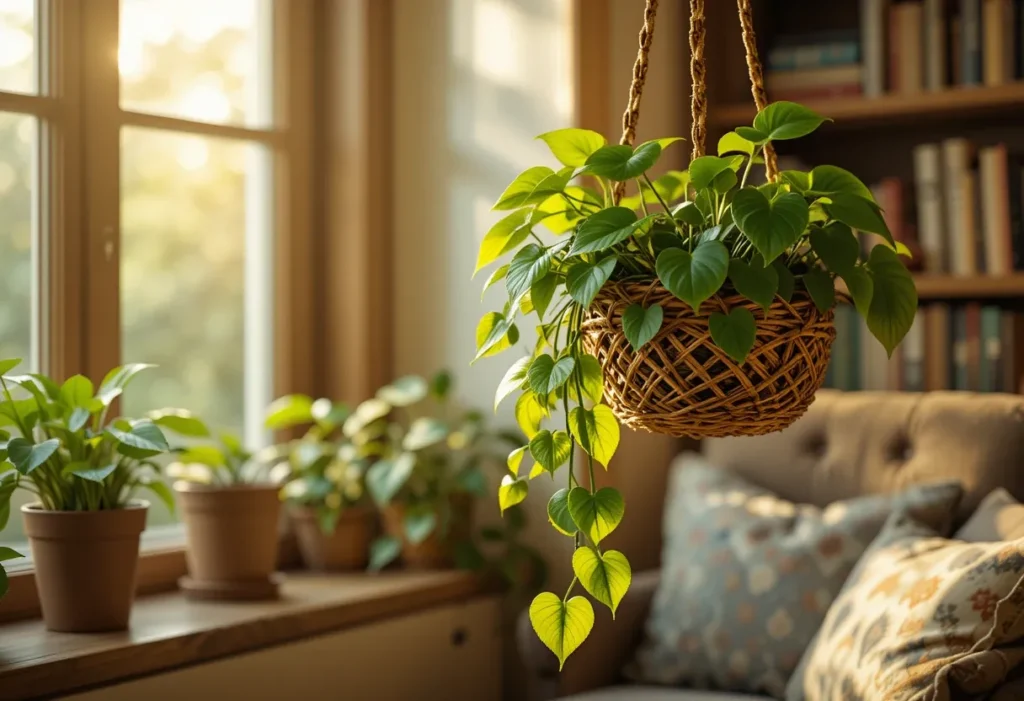 Trailing pothos plant in a rattan hanging planter with heart-shaped green leaves.