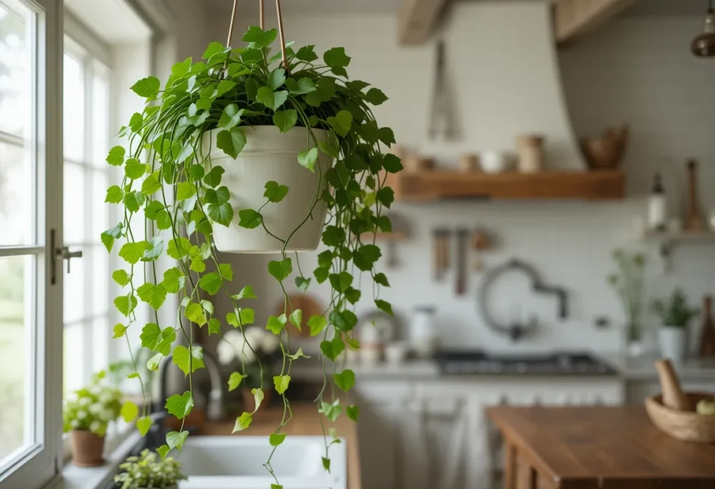  English ivy with long trailing vines in a white ceramic hanging pot.