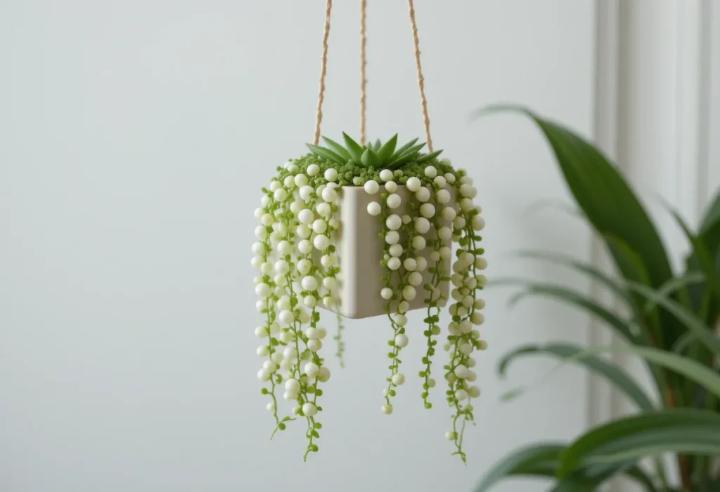 String of pearls succulent with cascading bead-like leaves in a hanging planter.
