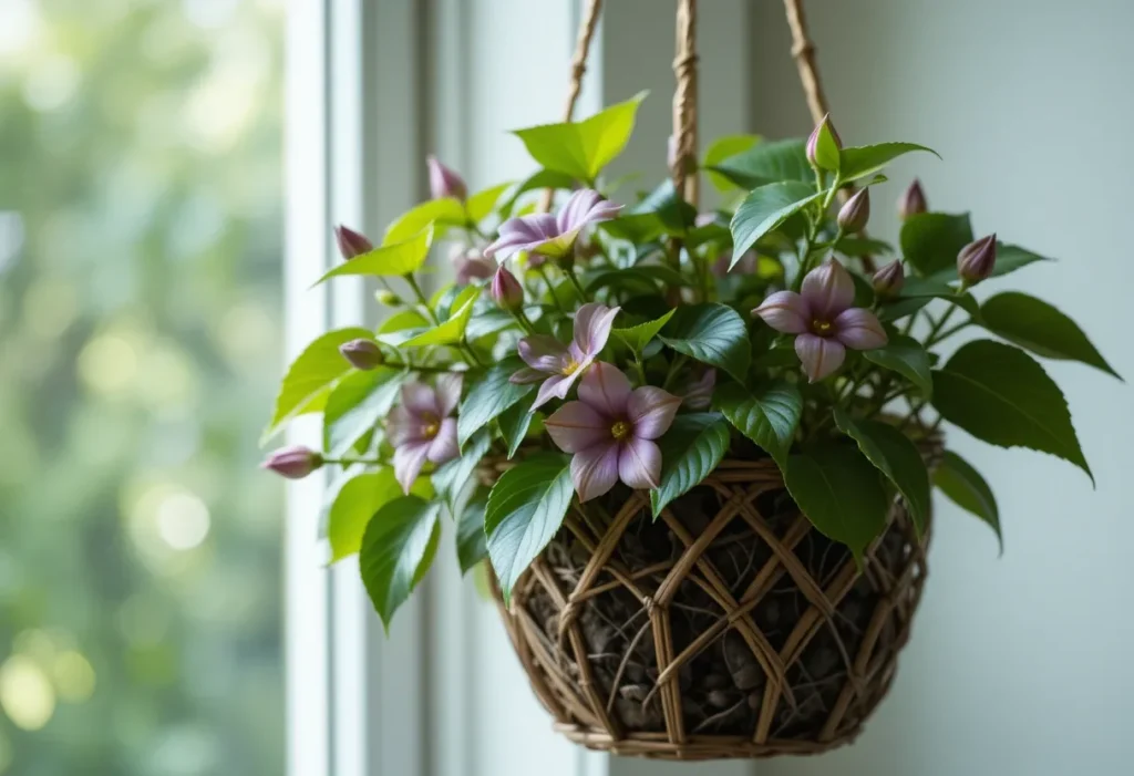  Hoya plant with waxy green leaves in a hanging basket near a sunny window.