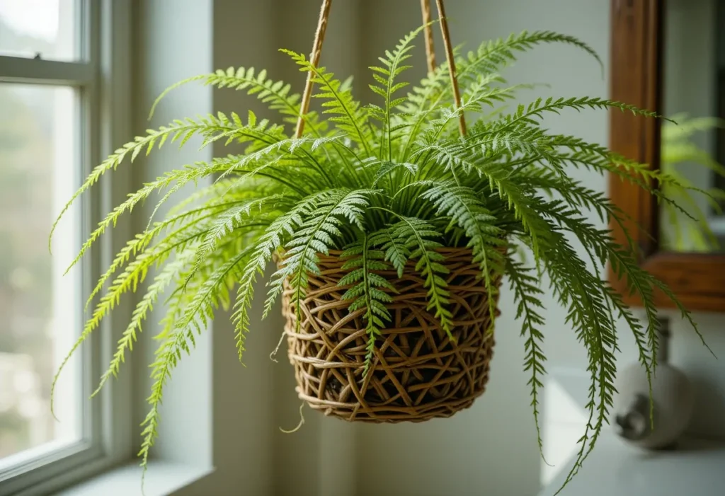 Maidenhair fern with delicate green leaves in a woven hanging planter.