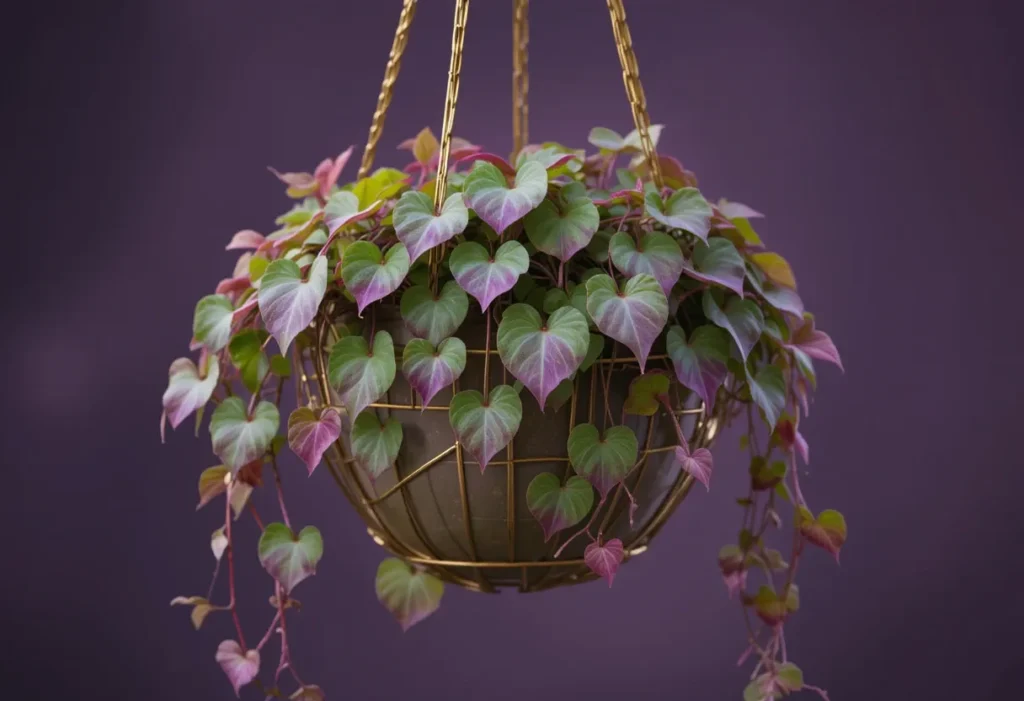  String of hearts plant with cascading vines and heart-shaped leaves in a gold planter.