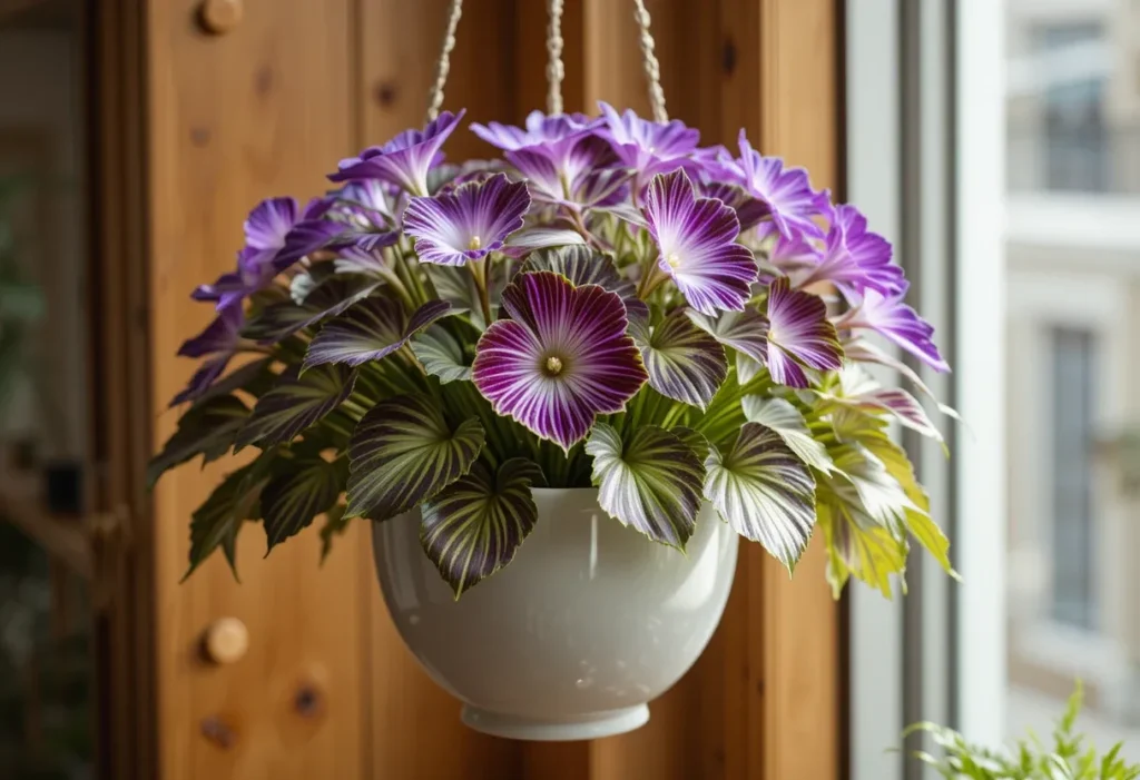  Tradescantia plant with purple and green striped leaves in a ceramic hanging pot.