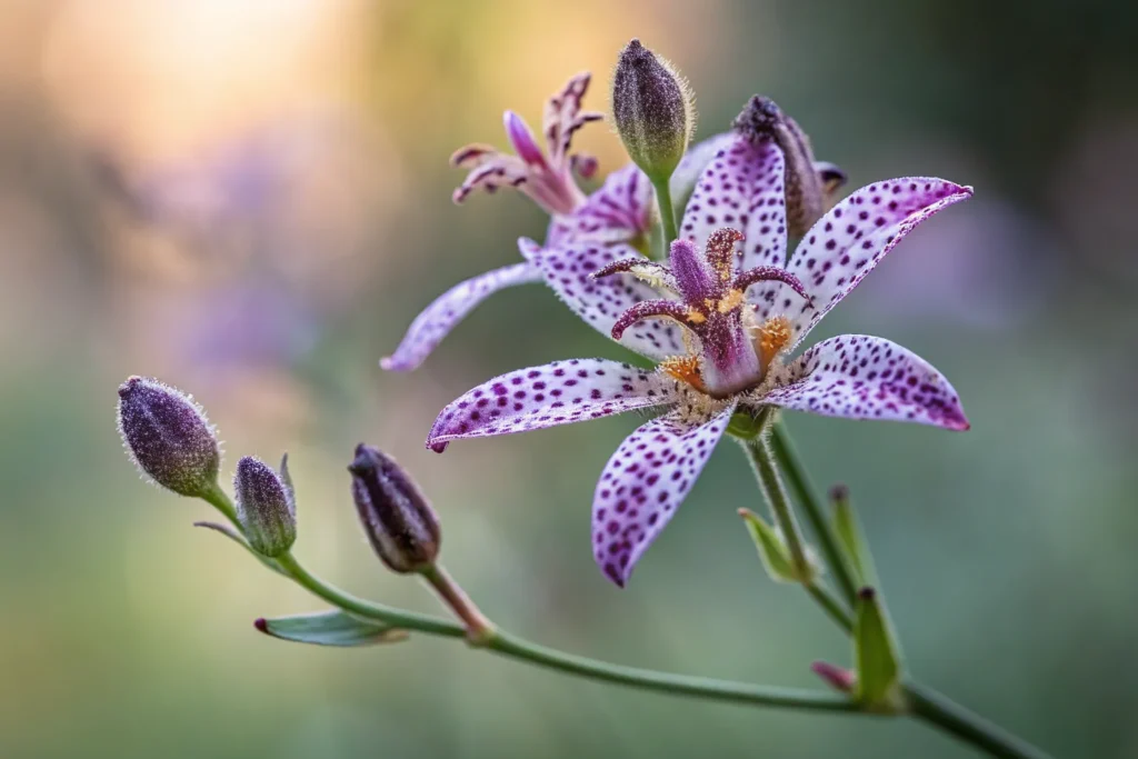 Spotted purple Toad Lily flowers blooming in the shade.