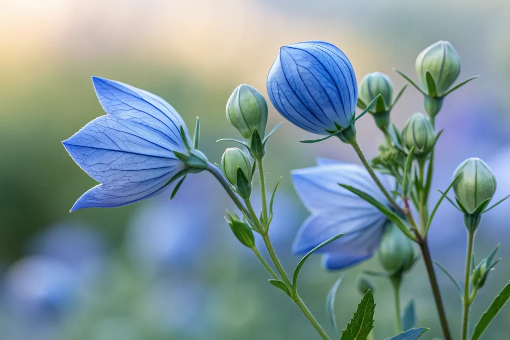 Balloon-shaped buds and purple Balloon Flowers in bloom.
