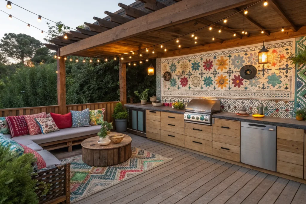 Bohemian Moroccan-inspired outdoor kitchen with patterned tiles and cozy seating.