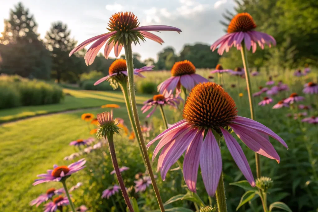 Purple coneflowers with orange centers blooming in September.
