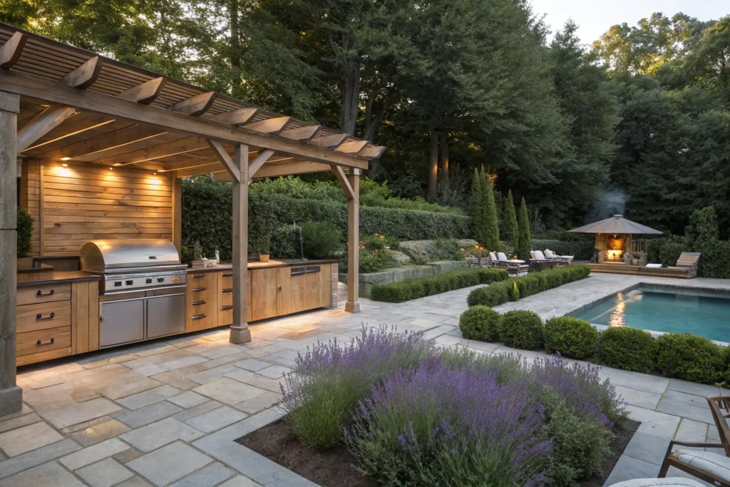 Serene outdoor cooking oasis with wooden kitchen, lavender, stone pathways, and a lush poolside retreat.