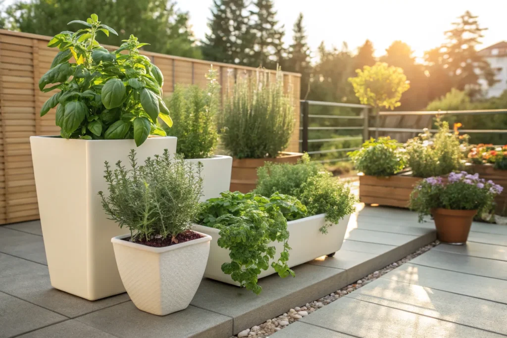Patio herb planters with basil, rosemary, and thyme for a fresh look.
