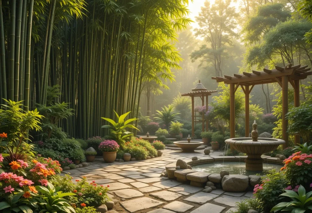 Lush bamboo garden with tall groves, potted plants, and decorative bamboo features in a peaceful outdoor setting.
