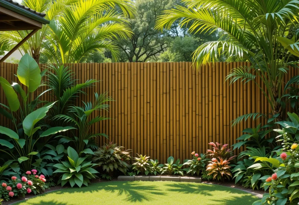  Tall bamboo privacy fence with thick golden poles, lush plants, and flowers creating a tropical backyard retreat.