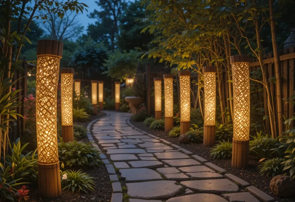 Hollow bamboo poles lit with warm lights lining a garden path at night.