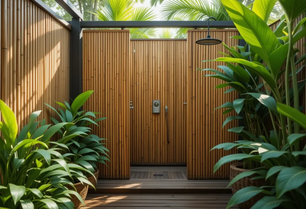 Outdoor shower with tall bamboo screen and tropical plants creating privacy.