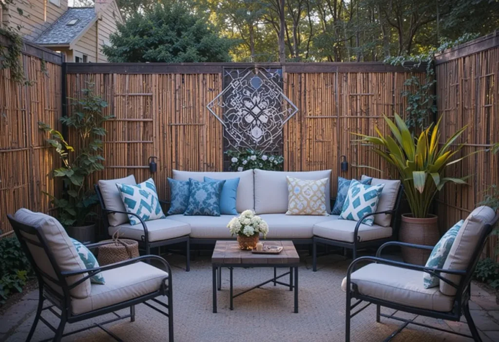 Decorative bamboo divider separating a cozy backyard seating area.
