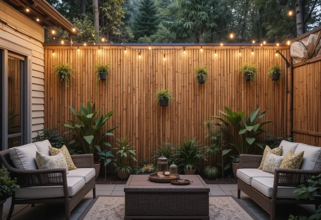 Patio wall with vertical bamboo paneling and hanging plants for a tropical touch.
