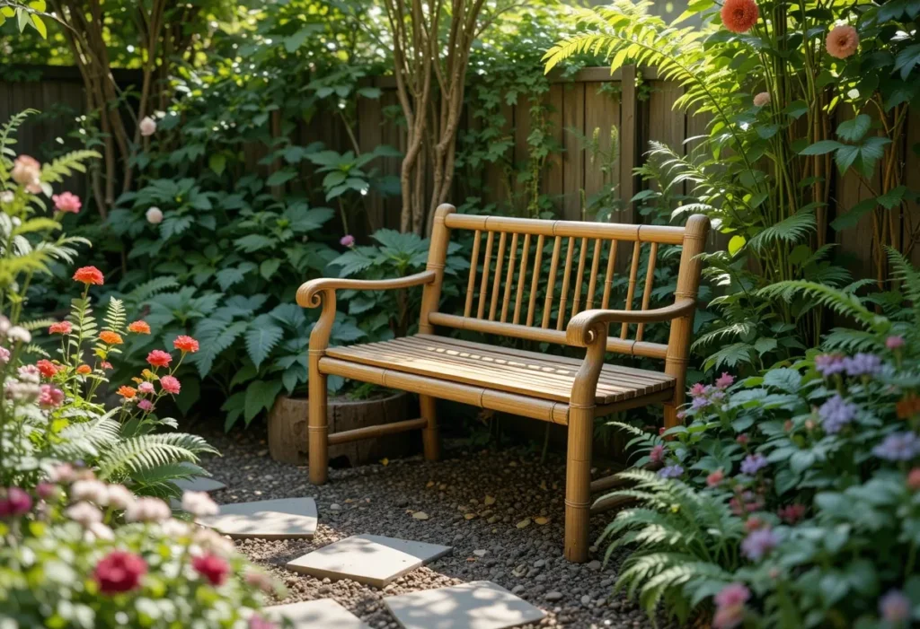 Bamboo garden bench placed among flowers and greenery in a shaded corner.