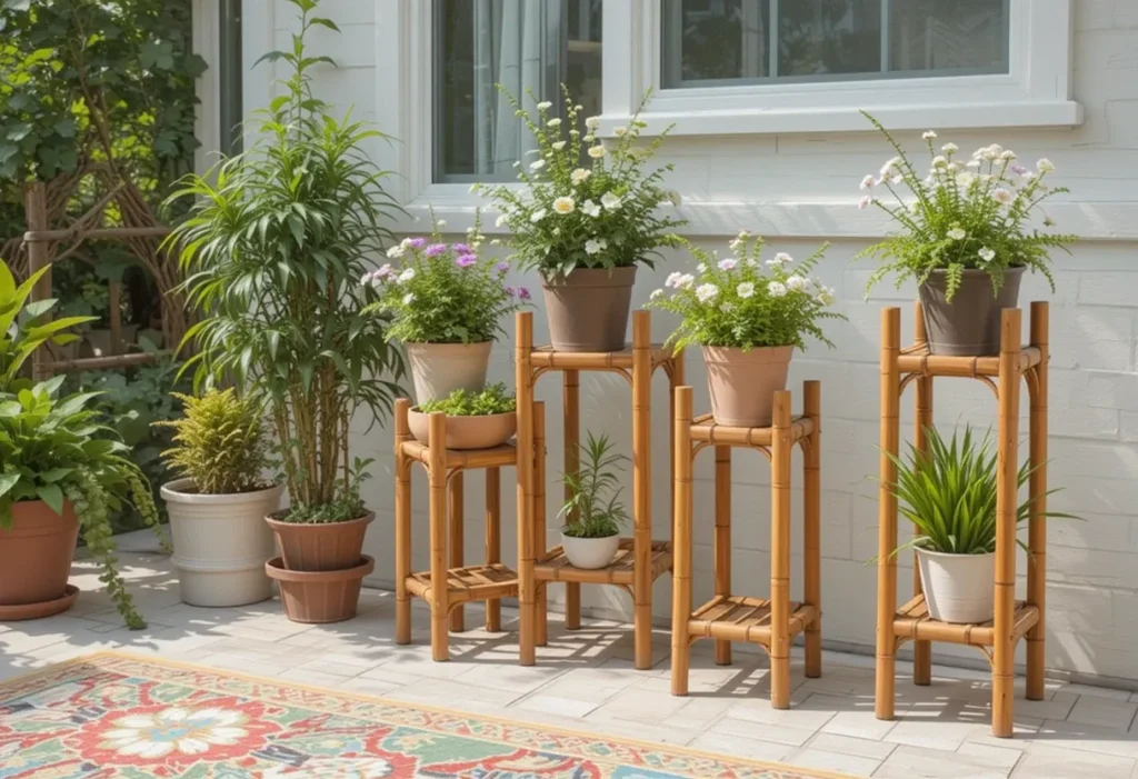 Different-sized bamboo plant stands displaying potted flowers on a sunny patio.