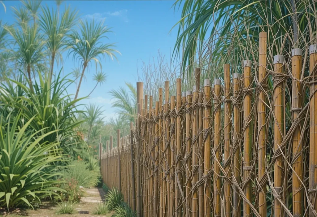 Bamboo fence with rope details adding charm to a tropical garden.