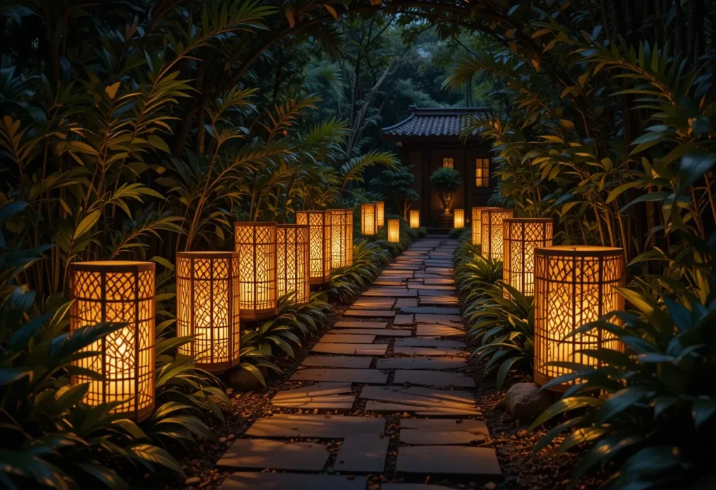 Bamboo lanterns lighting a garden path at night with warm patterned glow.