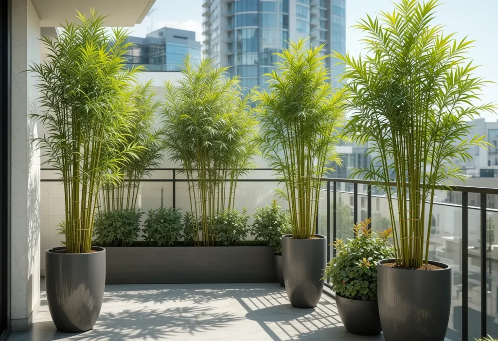 Tall potted bamboo plants in sleek planters on a modern balcony providing greenery and privacy.