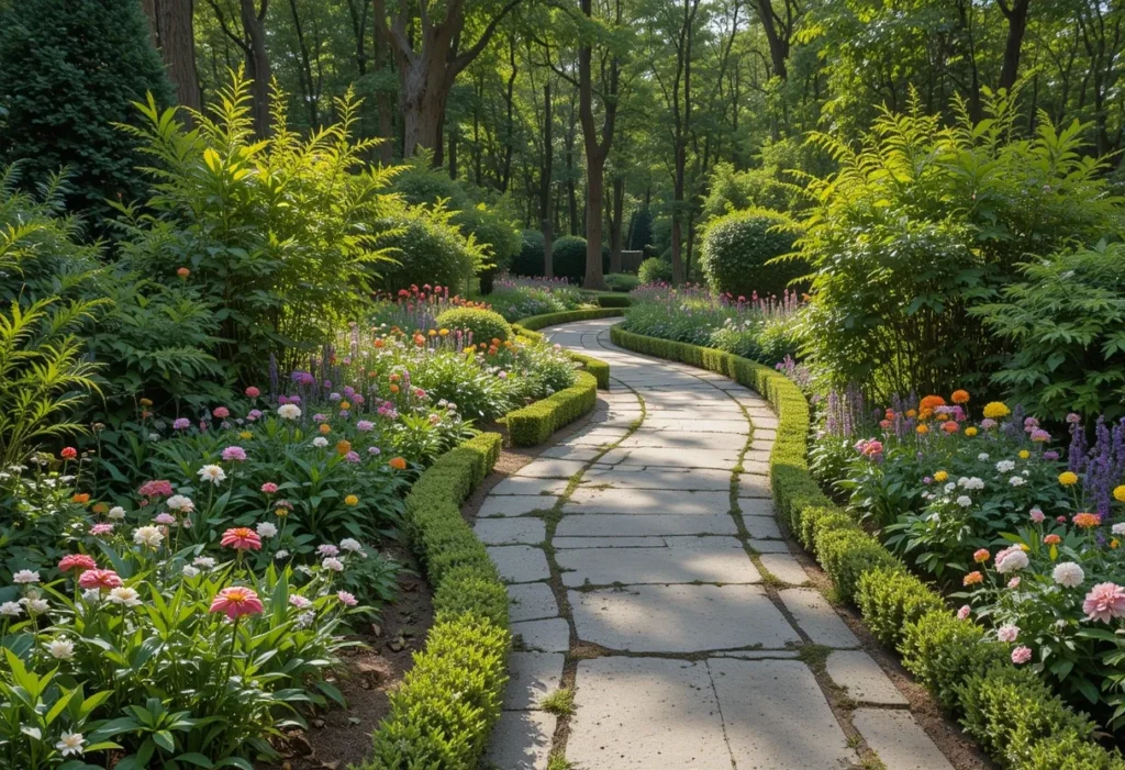 Garden path lined with short bamboo edging, surrounded by flowers and greenery.