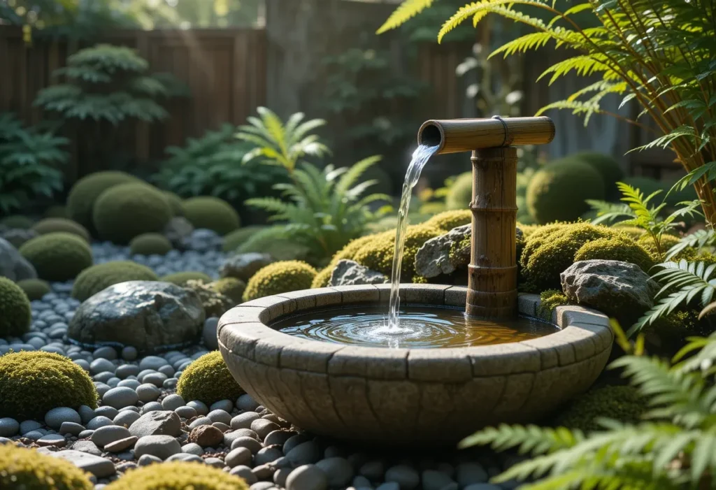 Japanese-style bamboo water fountain with stone basin and moss-covered surroundings.