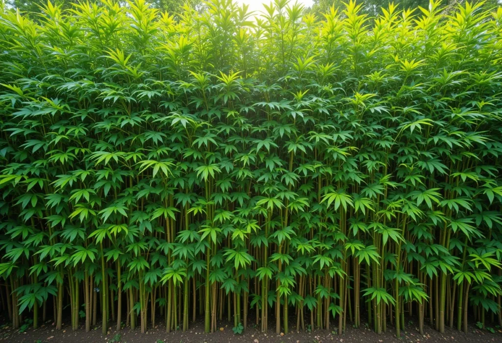 Dense bamboo hedge forming a tall green privacy wall in a sunny backyard.