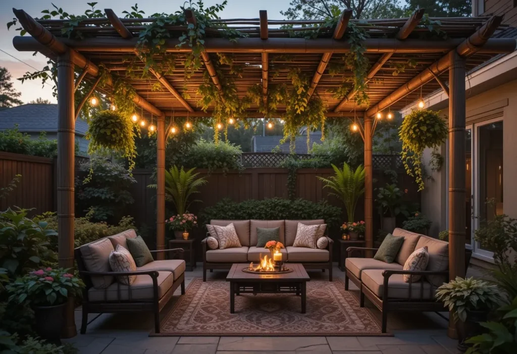  Bamboo pergola with hanging plants and string lights shading a backyard seating area.