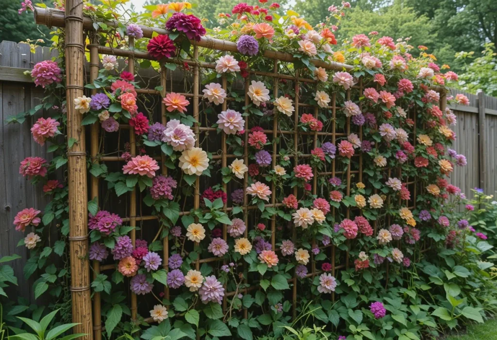 Bamboo trellis supporting colorful climbing flowers in a backyard garden.