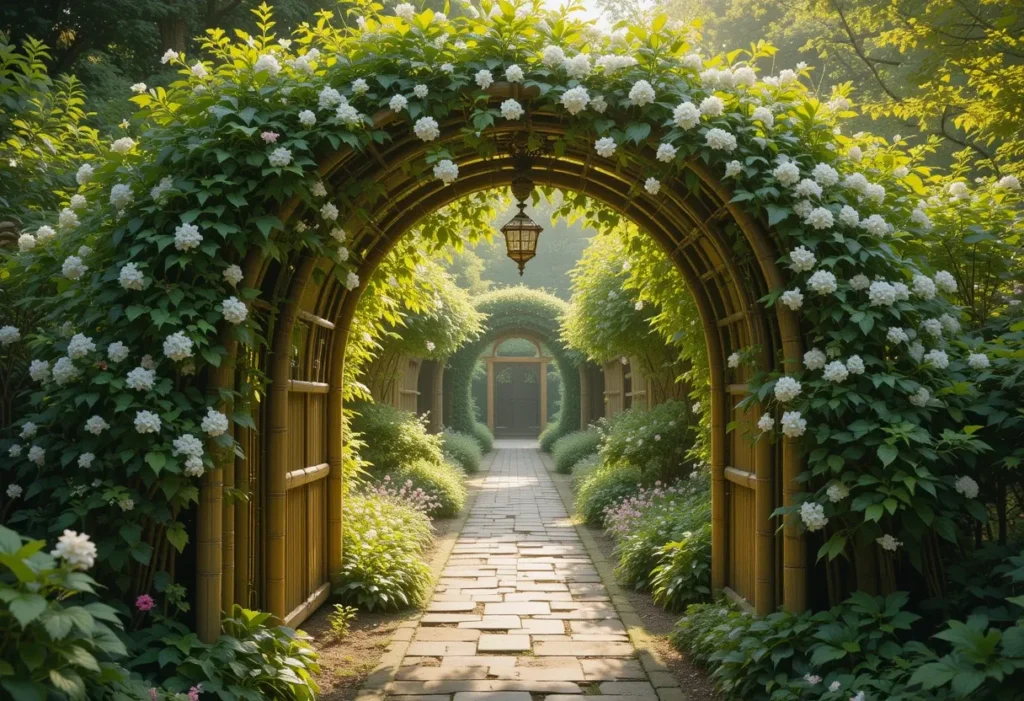 Bamboo archway with vines and flowers framing a garden pathway.