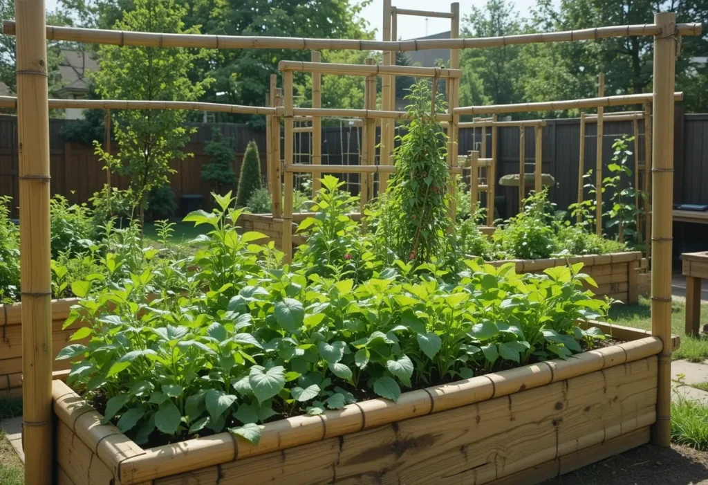 Raised garden bed made from bamboo poles filled with herbs and vegetables.