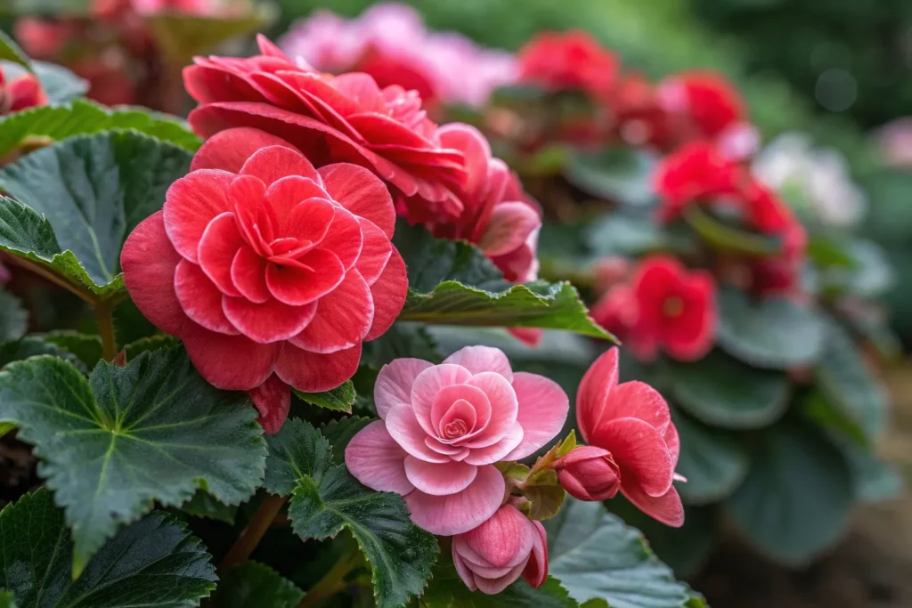 Red and pink Begonia flowers blooming in a shaded garden.