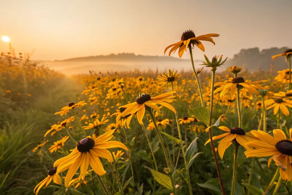 Black-Eyed Susan flowers with yellow petals and dark centers blooming in fall.