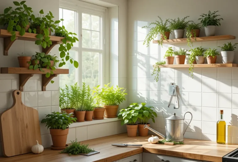 Stylish kitchen herb garden with fresh basil, rosemary, parsley, and thyme growing in modern indoor planters